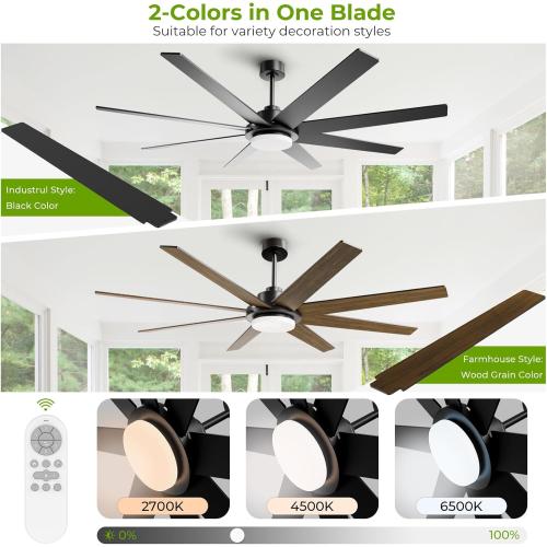 Black 72 Inch Ceiling Fans with Lights and Remote, Outdoor Indoor Black LED Big Ceiling Fan Reversible 24db Quiet DC Motor, 6 Speed 3CCT Dimiable, Modern Ceiling Fans for Patios Living Room Farmhouse Garage