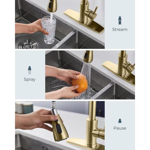 FORIOUS Gold Kitchen Faucet with Pull Down Sprayer, High Arc Single Handle Classic Stainless Steel Sink Faucet 1 or 3 Hole, Suitable for Farmhouse Camper Laundry Rv Bar
