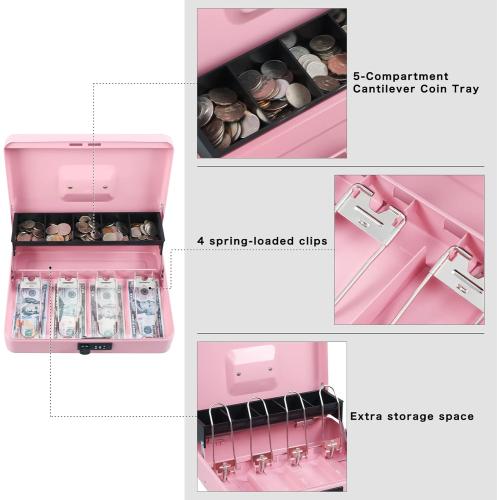 xydled Cash Box with Money Tray and Combination Lock,Tiered, Cantilever Design,4 Bill / 5 Coin Slots,11.8 x 9.5 x 3.5,Pink