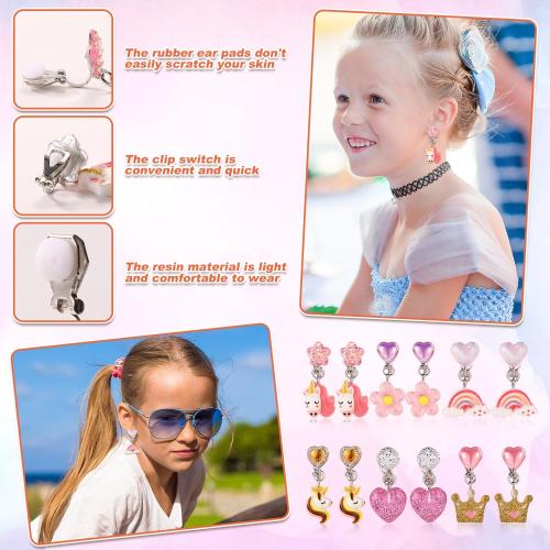 6 Pairs Colorful Clip On Drop Earrings, Resin Clip On Earrings Non-Pierced Princess for Dress Up Princess Jewelry