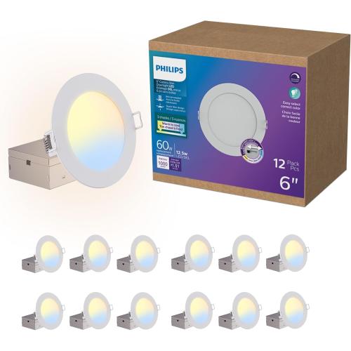 PHILIPS LED 60W Slim 6-inch Canless Downlight 12-Pack Selectable White Multi-CCT 1000 Lumen (12.5W = 60W) Dimmable No Housing Required