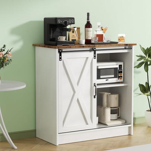 Farmhouse Coffee Bar Cabinet, Coffee Bar Table with Sliding Barn Door, Kitchern Coffee Bar with Adjustable Shelves for Dining Room, Living Room ‼️mild scratches and tear in the wood‼️