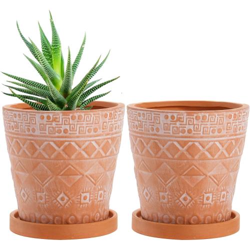 Cedilis 2 Pack Terracotta Pots, 5 Inch Red Clay Planter Pots with Drainage and Saucers, Ceramic Pottery Succulent Planter, Garden Cactus Flower Planters with White Geometric Designs