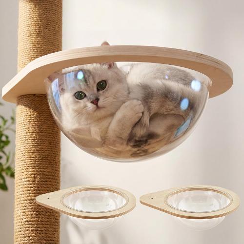 Yalikop 2 Set Acrylic Space Clear Cat Capsule Dome Cover 11.81 Capsule Kitten Bubble Hammock DIY Cat Tree Replacement Accessories Wall Shelves Pet Bed with Wooden Frame Holder for Sleeping Lounging