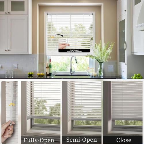 No Tools No Drill 1 Aluminium Mini Blinds,Cordless Venetian Blinds Light Filtering，Blackout，UV Protection，Horizontal Blinds and Shades for Window Door Size.White