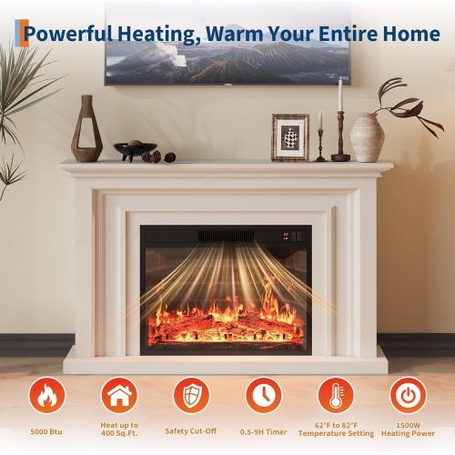 23 Ultra-Thin Electric Fireplace Insert Rear Projection Flame Fireplace Heater 1500W 3 Color Flames & Brightness Levels with Remote Control & Timer 60-84℉, Heats 400 Sq Ft