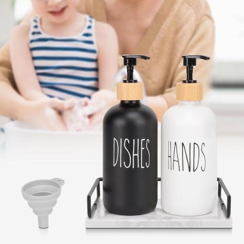 Color White and Black  Glass Soap Dispenser Set, Refillable Dish Soap Pump Dispenser, Kitchen Bathroom Counter Shampoo Conditioner Dispenser (with Marble Tray)