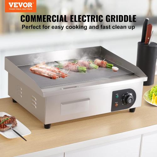 VEVOR Commercial Electric Griddle, 22, 1600W Countertop Flat Top Griddle, Stainless Steel Teppanyaki Grill w/Iron Cooking Plate, 122-572℉ Adjustable Temp Control 2 Shovels & Brushes, 110V