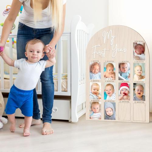 Bosctanuc Large My First Year Picture Frame for 33 x 22 Inch Wooden Photo Board ,12 Monthly Photo Display 1st Birthday Decorations Baby Gift for Newborn Keepsake,Baby Monthly Milestone (Classic, Wood, 33X22)