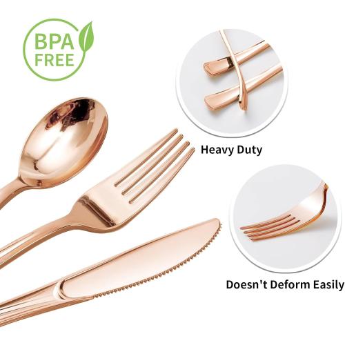 Goodluck 150PCS Rose Gold Plastic Silverware, Rose Gold Utensil Disposable, Plastic Cutlery Set of 50 Forks, 50 Spoons, 50 Knives for Wedding, Party, Valentines