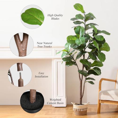 Artificial Fiddle Leaf Fig Tree 6ft, Large Faux Plant Fake Ficus lyrata Silk Trees with Pot for Indoor Outdoor House Living Room Office Home Decor