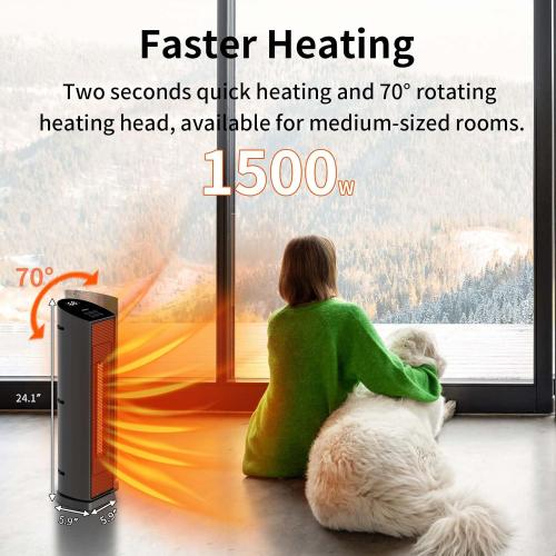 Space Heater for Indoor Use with Remote - 70° Oscillating Tower Electric Heater, 24 Inchs, 12H Timer, 1500W Quiet PTC Ceramic Heating with Thermostat, Fast Safety Heat for Office, Home, Bedroom