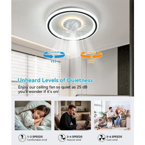 White 20 360° Rotation Low Profile Ceiling Fans with Lights and Remote Ultra Quiet Energy Efficient Dimmable 3 Color Reversible Motor, 20 Flush Mount Ceiling Fan with Lights for Bedroom Living Room Kitchen