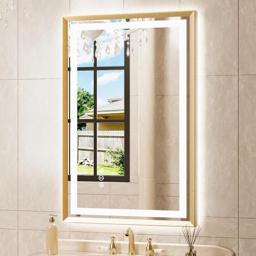 24x36 LED Mirror for Bathroom, Brushed Gold Metal Frame Mirror with Backlit   Front Lit, Bathroom Mirror with Lights, Anti-Fog, Dimmable, Lighted Mirror Tempered Glass(Horizontal/Vertical)