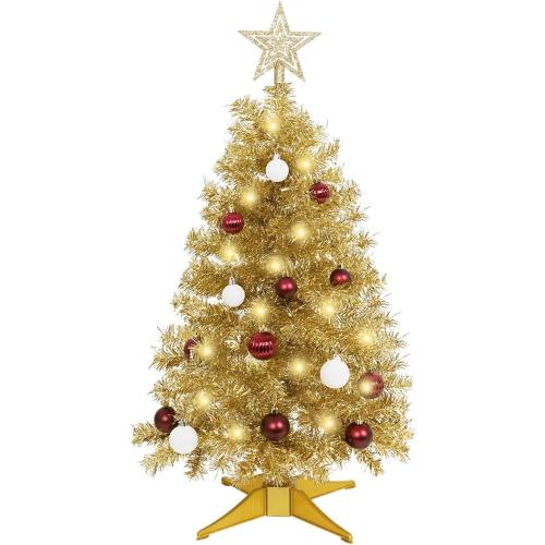 SUNSHINE DECOR Champagne Christmas Tree with Light 3ft Artifical Full Christmas Tree with Ball & Star Ornaments 8 Lighting Modes for Holiday Decor