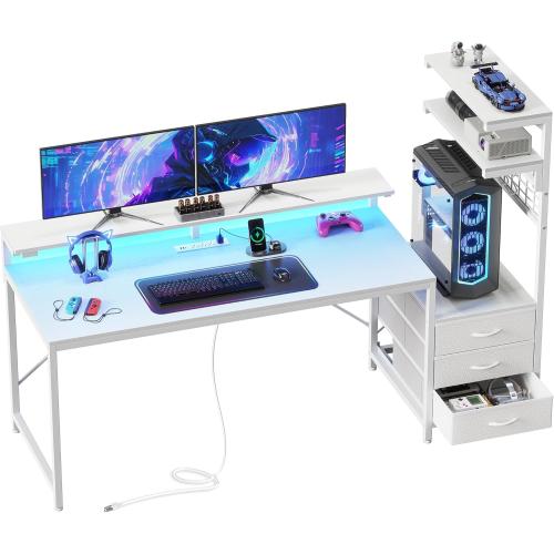 PRAISUN 61.7 Gaming Desk with LED Lights & Outlets, Computer Desk with 3 Fabric Drawers, PC Desk with PC Case Stand & Movable Storage Shelves, Monitor Stand, Reversible, White