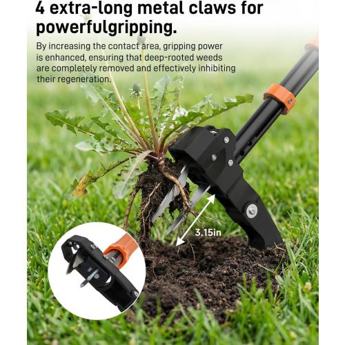 HAUSPROFI Stand Up Weed Puller Tool with 36-46 Inch Adjustable Long Handle and 50L Garden Bag, Heavy Duty 4-Claw Stainless Steel Weed Remover Tool with Automatic Rebound Design for Deep Roots