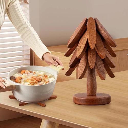 Wooden Trivets for Hot Dishes, Hot Dish Coaster with Tree-Shaped Wood Collapsible Hot Pad Trivet Tree for Restaurant, 4 Wooden Trivet   1 Stand（Walnut Wood）