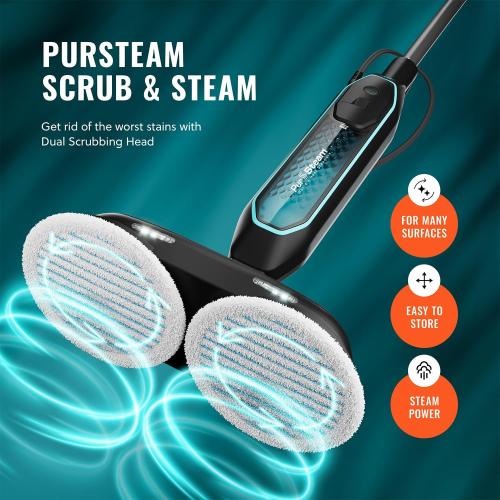 Pursteam ScrubMaster Steam Mop with Dual Scrubbing Head, LED Headlights, Adjustable Steam Control, Anti-Slip Swivel Head, Cable Holder & Upright Lock