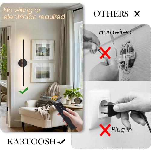 KARTOOSH Removable Battery Operated Wall Sconces Set of Two | 28.3 Inch Black Wireless Wall Sconces with Remote 350°Rotate 3 CCT & Dimming for Living Room, Bedroom, Hallway