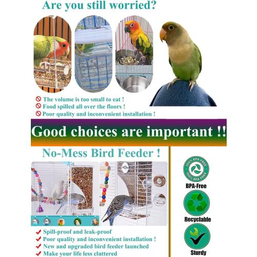 Color Blue Kenond No Mess Bird Feeder Water Dispenser Set, Automatic Parrot Feeder Cage Accessories, Clear Parakeet Seed Container Food Drinker for Cage, Cockatiel Finch Lovebirds Budgies Canary (Blue)