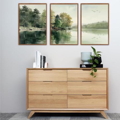 KAIRNE Framed Nature Canvas Wall Art Set,Misty Forest Wall Decor,Green Mountain Forest Pictures,Lake Water Painting set of 3(24”x36”),Landscape Scene Print for Living Room, Bedroom,Gallery Decor