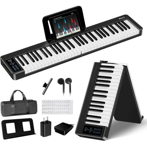 Rhymo Folding Piano Keyboard, 61 Keys Sensitive Electric Piano, Weighted Portable Electric Keyboards with Bluetooth MIDI, Digital Foldable Keyboard for Beginner (Black)