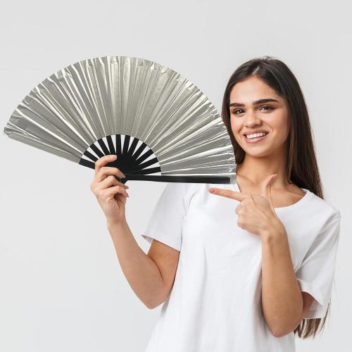 dmjuncong 1Pcs Large Folding Hand Rave Fan,Clack Handheld Fan,Silvery Hand Fan,for Festivals, Rainbow Outfits,Disco Party,Home Decoration and many occasions.