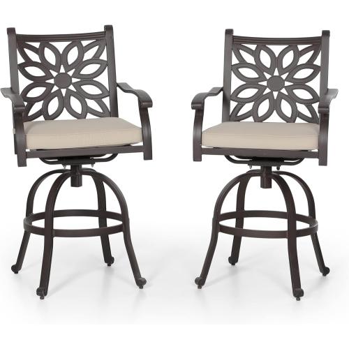 Outdoor Swivel Bar Stools Set of 2, Cast Aluminum Patio Bar Height Chairs with Seat Cushion, All-Weather Bar Dining Chairs Metal Bistro Chairs