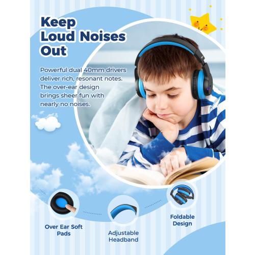 iClever BTH12 Kids Bluetooth Headphones,Colorful LED Lights,74/85dBA Safe Volume,85H Playtime,Bluetooth 5.2,Over Ear Wireless Headphone Built-in Mic for iPad/Tablet/Airplane, Deep Black