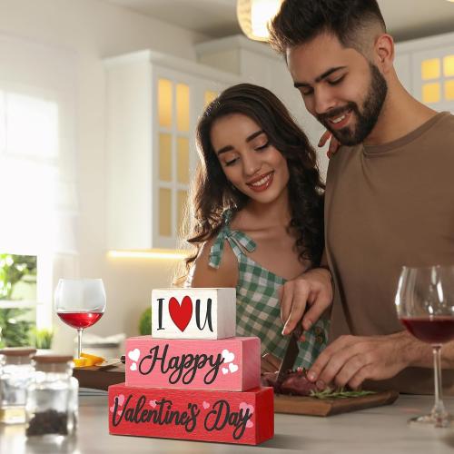 Huquary 3 Pcs Farmhouse Valentine's Day Tiered Tray Decor Table Sign Pink Theme Wood Decorations Valentine's Day Centerpiece Decor for Party Gift Desk (Fresh Style)