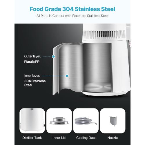 VEVOR Water Distiller, 6L/1.6 Gallon Larger Distilled Machine, 900W Distilling Water Maker, 0-99H Timing Set, Time & Temp Display, 304 Stainless Steel Interior Stiller with Plastic Carafe, White