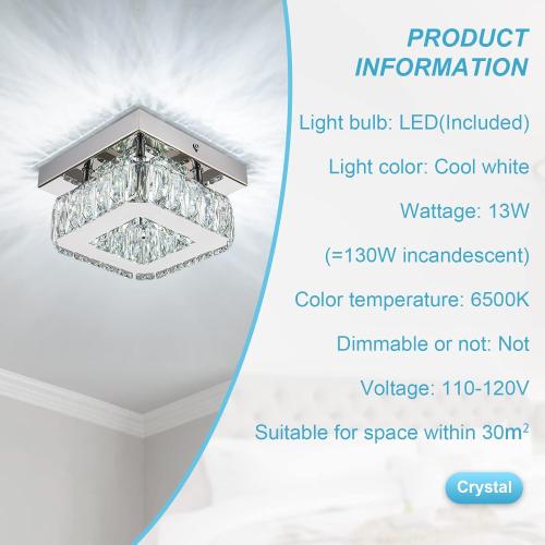 6.3 Crystal Ceiling Light Fixture, Mini Square Chandeliers 6500K Cool White Modern Flush Mount Ceiling Light, LED Small Chandelier for Hallway Bedroom Foyer Kitchen Bathroom
