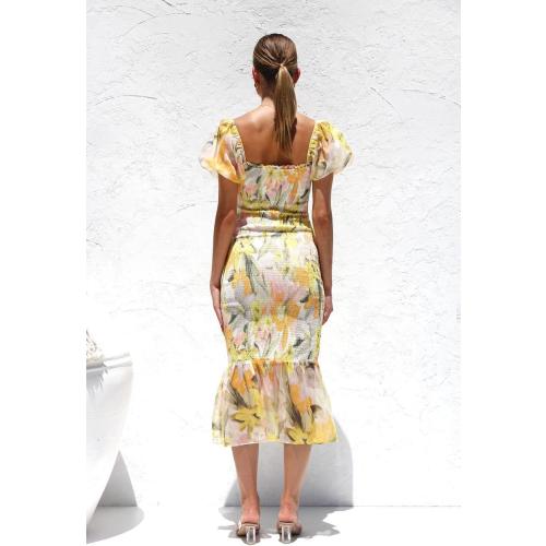Size M Sunfere Womens Floral Dress Square Neck Summer Boho Sexy Split Dresses Fitted Sundress Puff Sleeve Mermaid Party Dress