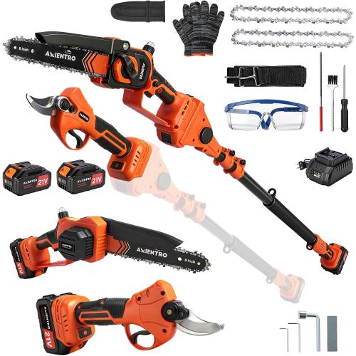 4-in-1 Pole Saw & Pruning Shears, 8-in Brushless Motor Pole Saw for Tree Trimming, Electric Pruners with Extendsion Pole, 2x4000mAh Li Batteries & Charger, 16FT Max Reach
