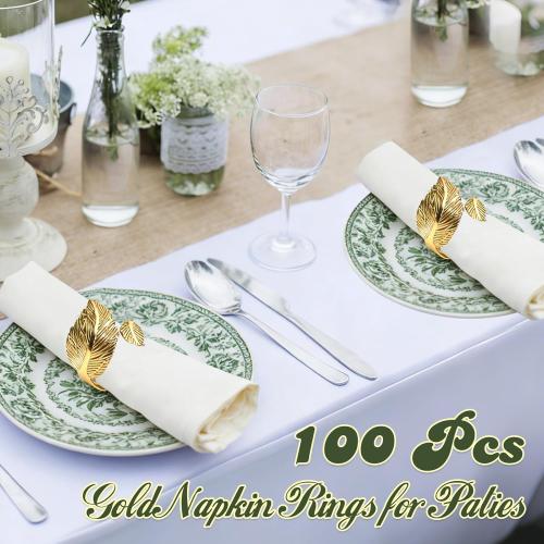 Gold Napkin Rings Set of 100, Gold Napkin Ring Table Decor, with Their Elegant Gold Leaf Design, are Perfect for Valentine, Easter, Dinner Parties. They Make an Excellent Gift for Your Host