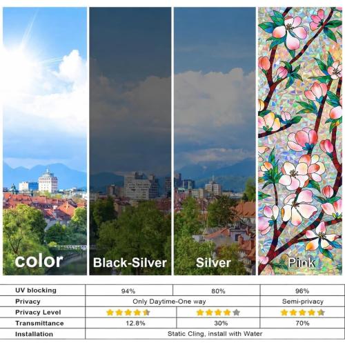One Way Window Privacy Film Sun Heat Blocking, Reflective Mirror for Glass Windows Cover, Static Cling, Removable, Anti-UV, Anti-Glare Window Tint for Home, Black-Silver, 41.3 Inch * 78.74 Inch