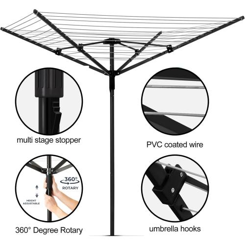 Umbrella Clothesline Outdoor, Rotary Retractable Clothes Line Outdoors Adjustable Height Drying Rack Clothing 4 Arms 12 Lines with 165 Feet Heavy Duty Outdoor Clothesline for Backyard