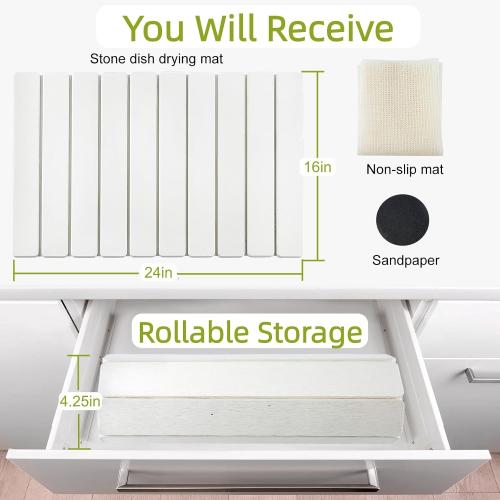 Large Stone Dish Drying Mat for Kitchen Counter, 24(L)×16(W), Collapsible Quick Dry Diatomaceous Earth Mat, Super Absorbent Drying Pad for Dishes Bottles Cups Utensils, Heat Resistant (White)