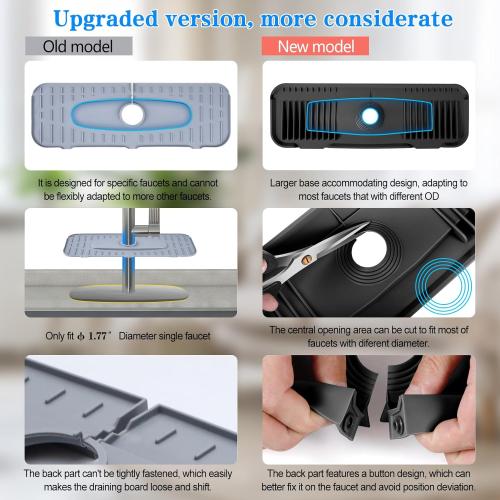 2nd Generation Silicone Faucet Mat, Kitchen Faucet Mat Silicone Faucet Drip Catcher with Cuttable Circular Central for Kitchen Sink, Tailor-Made for Faucets with Deck Plate【Black】