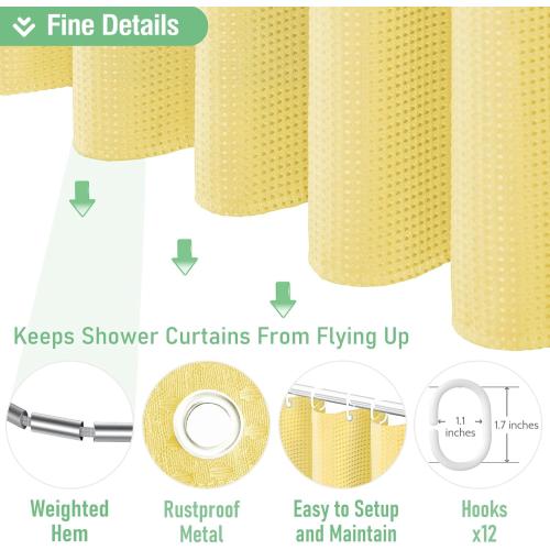 Dynamene Yellow Fabric Shower Curtain - Waffle Weave Textured Heavy Duty Cloth Shower Curtains for Bathroom, 256GSM Hotel Luxury Weighted Bath Curtain Set with 12 Hooks,72x72, Yellow