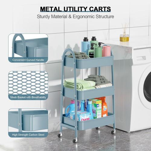 3 Tier Utility Rolling Cart, EAGMAK Metal Storage Cart with Handle and Lockable Wheels, Multifunctional Storage Organizer Trolley with Mesh Baskets for Kitchen, Living Room, Office, Garage (Blue)