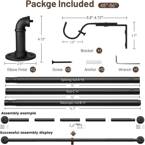 Zeerobee Curtain Rods for Windows 48 to 84, 1 Inch Industrial Wrap Around Black Curtain Rod, Indoor/Outdoor Room Divider Adjustable Drapery Pole, 48-86