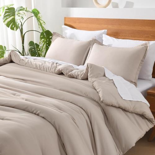 Andency California King Comforter Set - 7 Pieces Bed in a Bag Cal King Bedding Comforter Sets Oatmeal, Winter Solid Soft Lightweight Comforter with Fitted Sheets, Flat Sheets, Pillowcases & Shams
