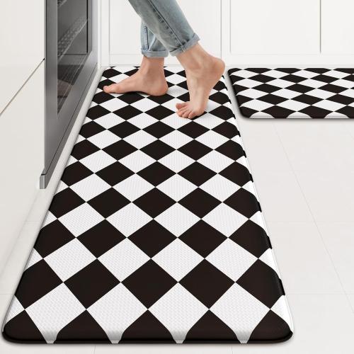 KIMODE Farmhouse Kitchen Rugs, Anti-Fatigue Kitchen Mats, Non-Slip, Cushioned Standing Mat, 17x47 17x29, Black Diamond Check