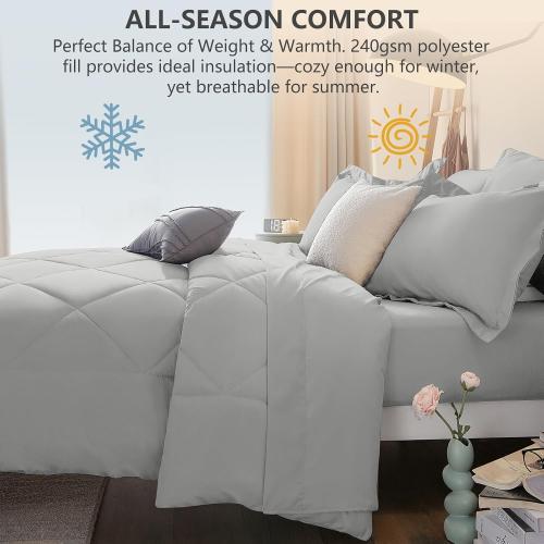 CozyLux Queen Comforter Set with Sheets Light Grey - 7 Pieces Bed in a Bag