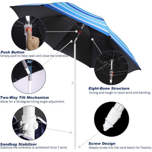 8FT Large Beach Umbrella with Level 7 Wind Resistance, Sand Anchor, Portable Outdoor Umbrella with UPF50  UV Protection, Tilt Sun Shelter for Beach, Patio, Yard