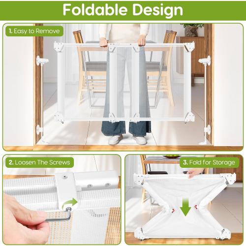Color White No Drill Baby Gate for Stairs No Bottom Bar,  Adjustable Baby Gate with Large Walk Thru Door, Mesh Dog Gate for Doorways, Swing & Dual Openings, No Drilling Pet Gate Child Safety Gate, White