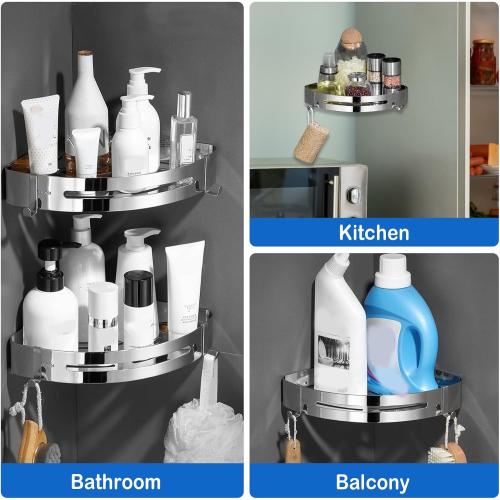 Wall-Mounted Corner Shelf, Single Pack, Bathroom Tray Organizer with 2 Hooks, Ideal for Bedroom, Living Room, Bathroom, and Kitchen (Silver)