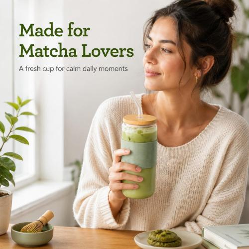Glass Cup with Lid and Straw, Iced Coffee Cup with Bamboo Lid, 16 oz Reusable Glass Tumbler with Sage Avocado Green Silicone Sleeve for Matcha Latte, Cold Brew and Milk Tea